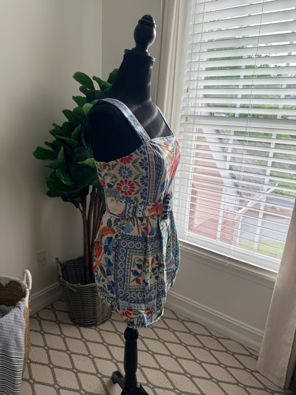 FARM Rio Anthropologie Tropical Parrot Romper with Belt Green & Blue Leaf Print - Picture 3 of 8